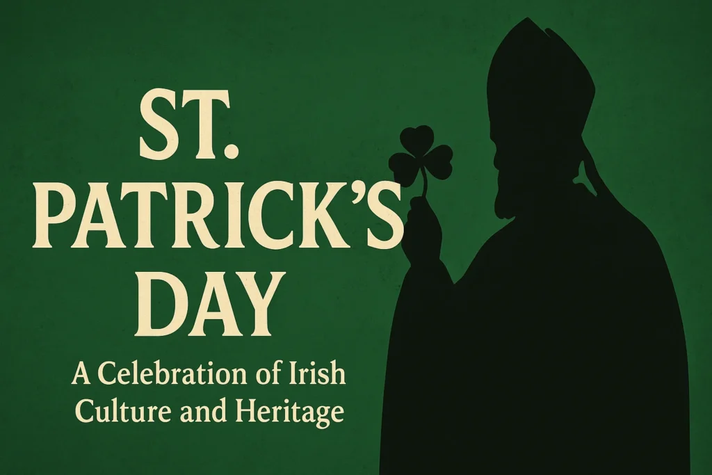 Illustration of St. Patrick holding a shamrock with the text 'ST. PATRICK'S DAY