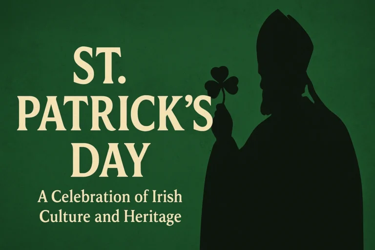 Illustration of St. Patrick holding a shamrock with the text 'ST. PATRICK'S DAY